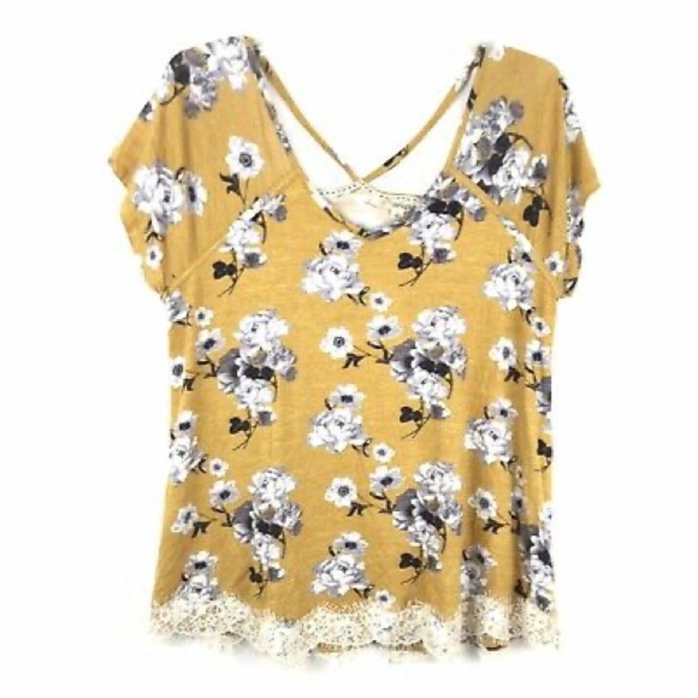Rewind Mustard Floral Print Short Sleeve Lace Top